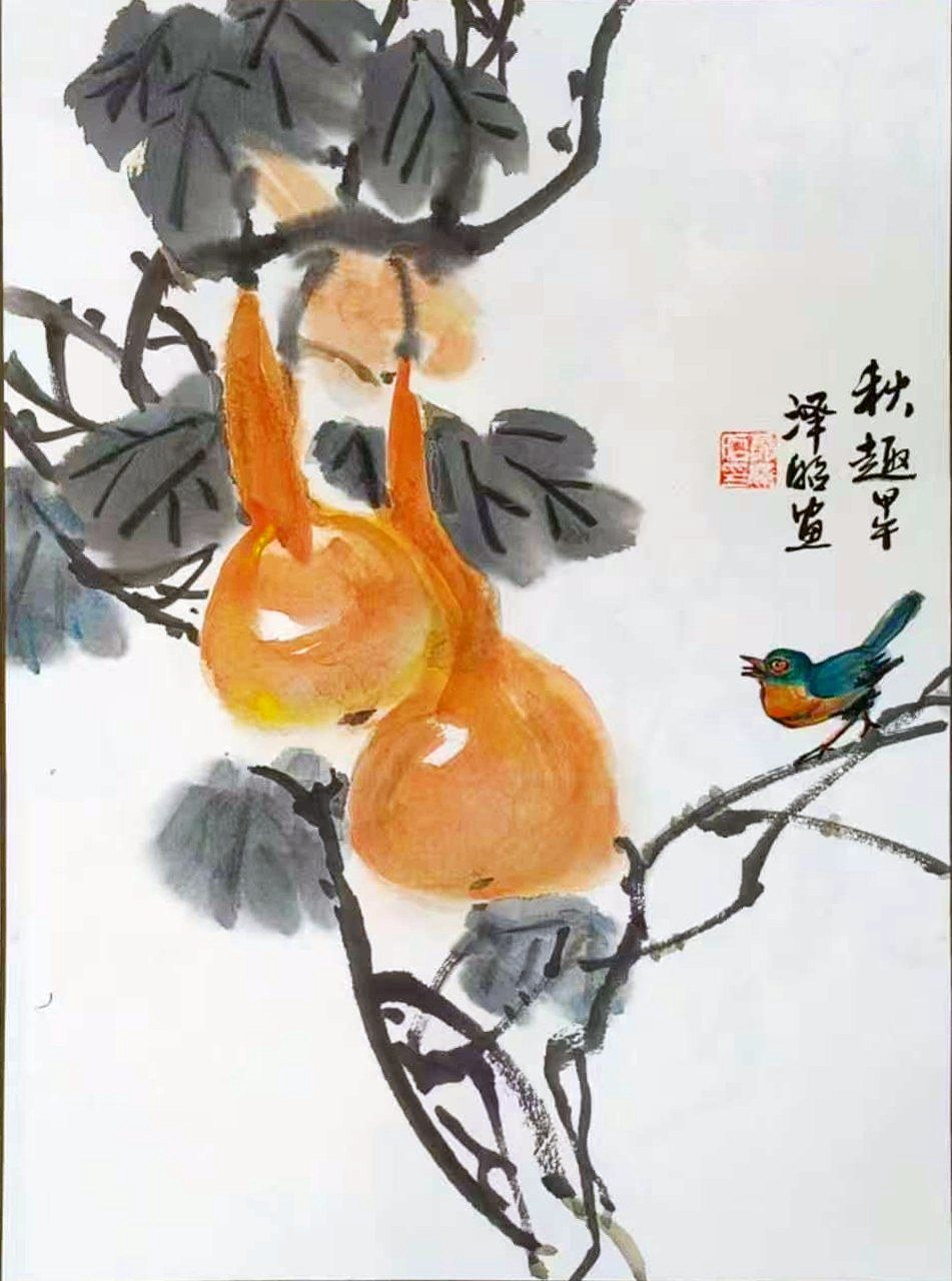 Golden gourds on a vine with a small blue bird
