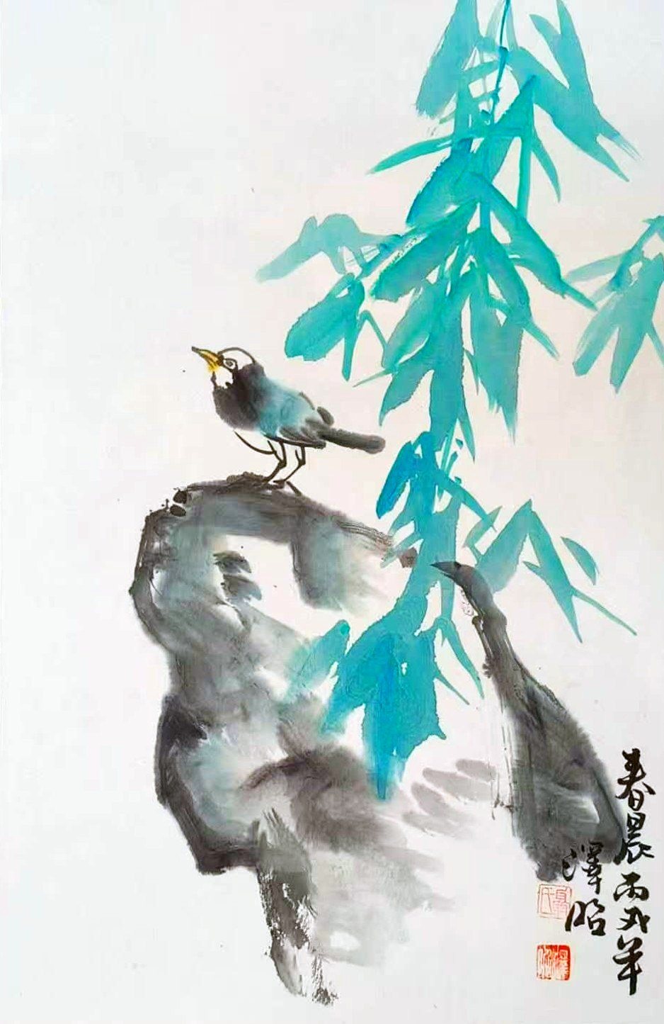Bird on a rock beneath teal bamboo leaves