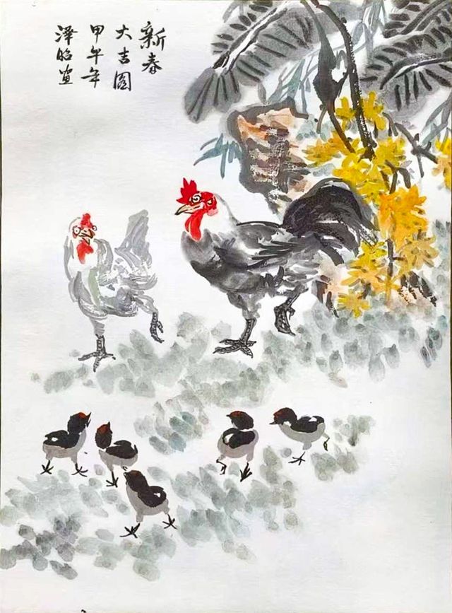 Rooster, hen and chicks among yellow blossoms