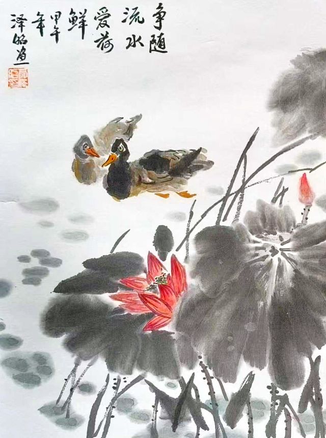 Ducks beneath large lotus leaves and a red lotus