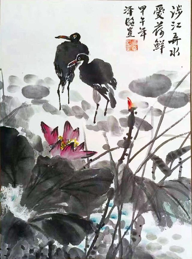 Two herons among lotus flowers