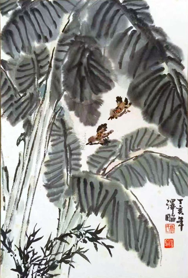 Sparrows among banana leaves