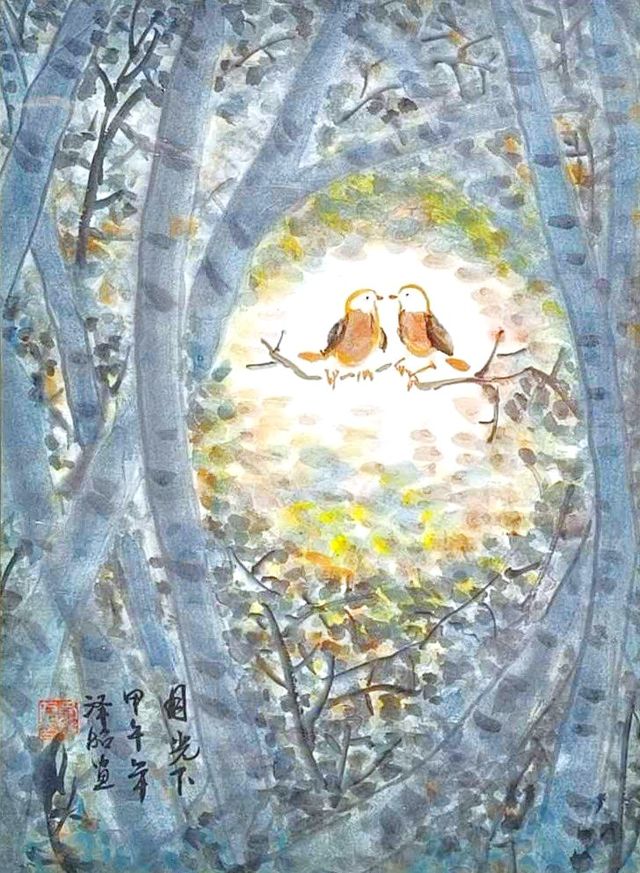 Two birds in a glowing nest inside a hollow tree