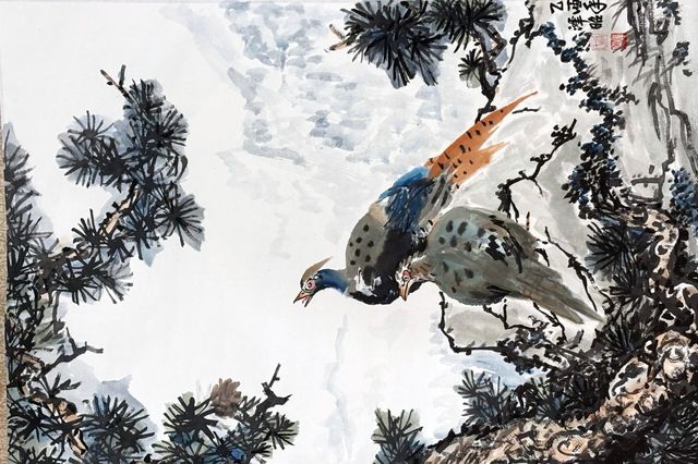 Pheasants among pines