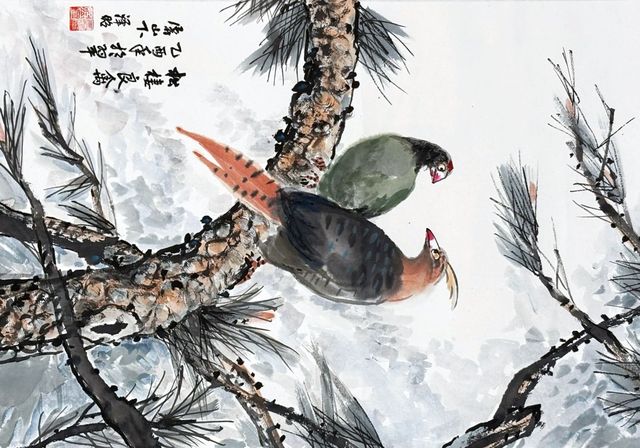 Pheasants on a pine branch