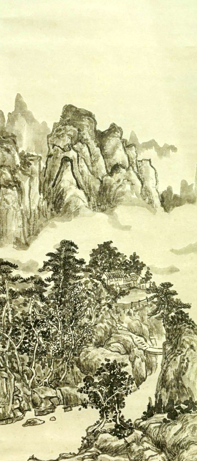 Misty mountains and a hillside temple